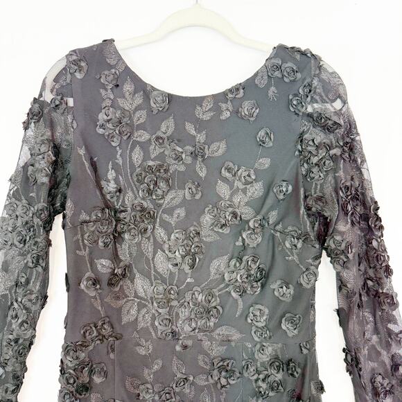 Aqua Long Sleeve Embroidered 3D Floral Applique Dress Black Sheath Women's 12 - Picture 3 of 14